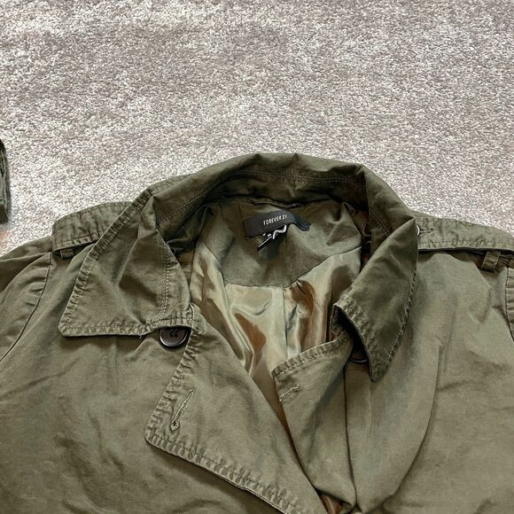 Forever 21 Overcoat Jacket Womens Large Army Green Double Breasted Pockets Belt - Picture 11 of 12